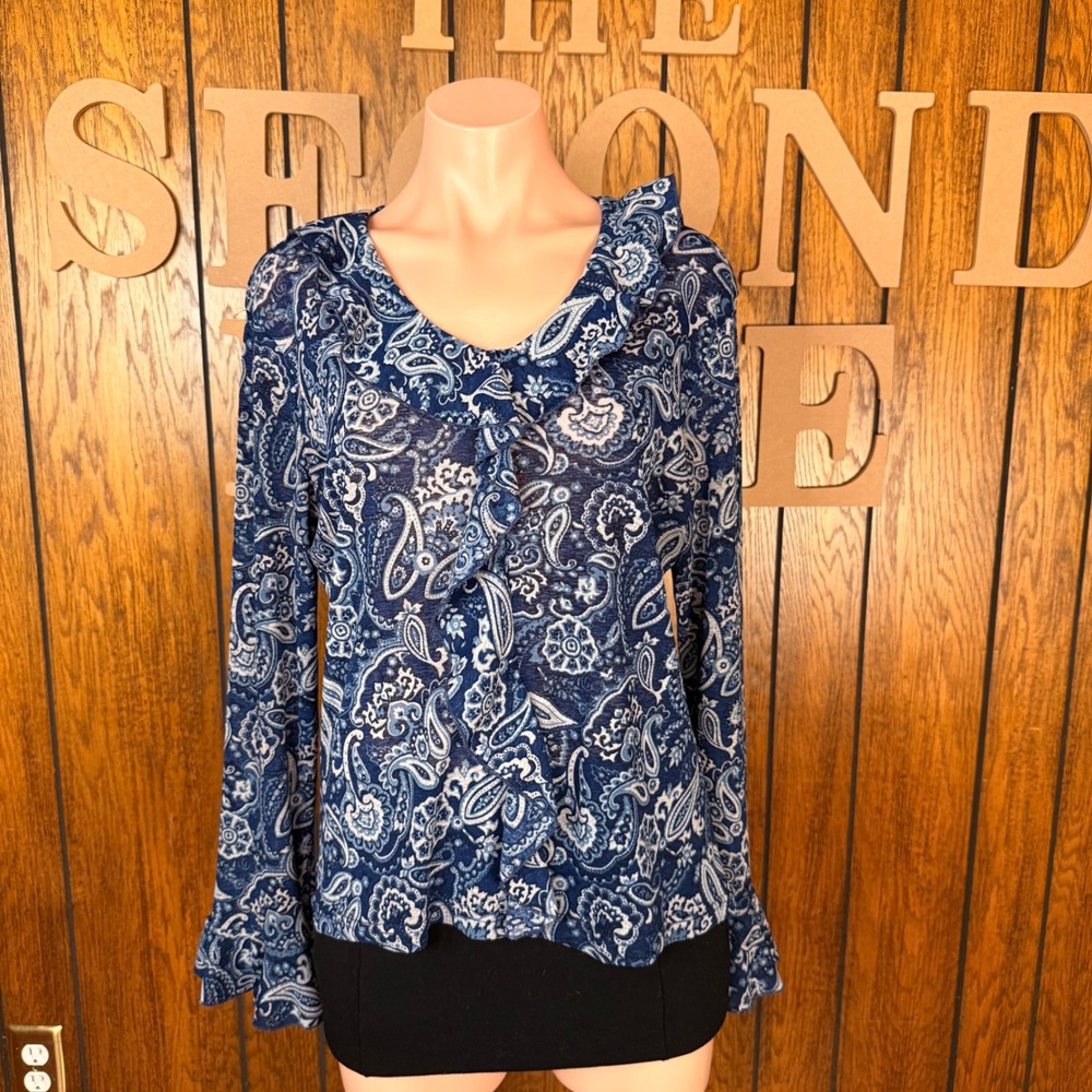 Faded Glory Ruffle Blouse Womens L Blue Paisley Boho Fairycore Whimsygoth Top